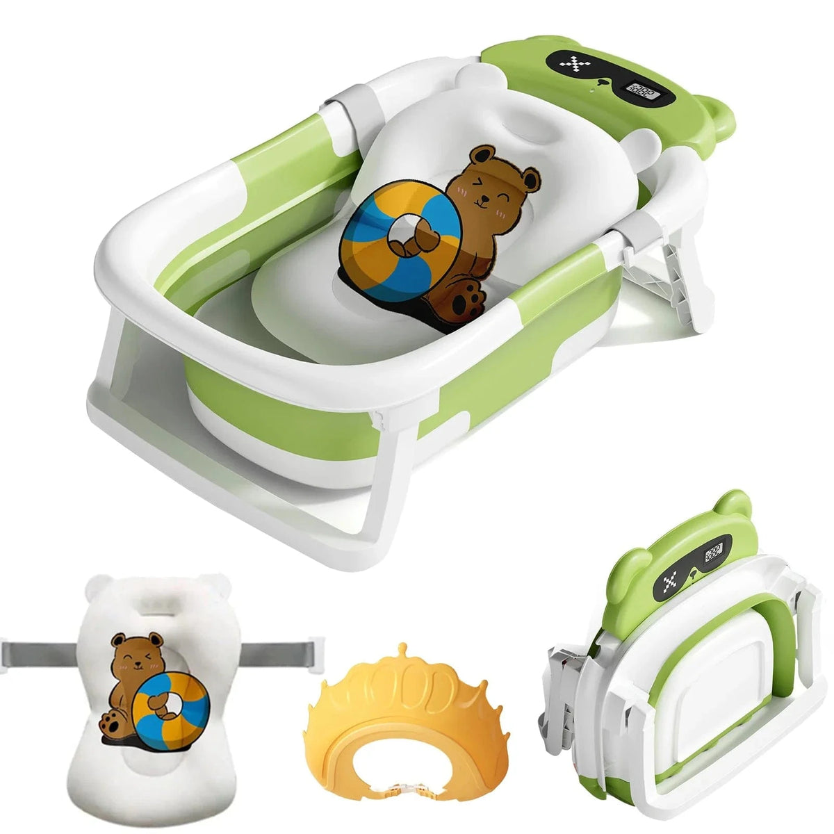 Baignoire Bebe Siege Integre - Vert Ours, Confort et Sécurité Ultimes